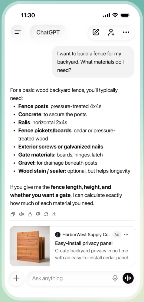 Illustrative sponsored fence product in a ChatGPT conversation