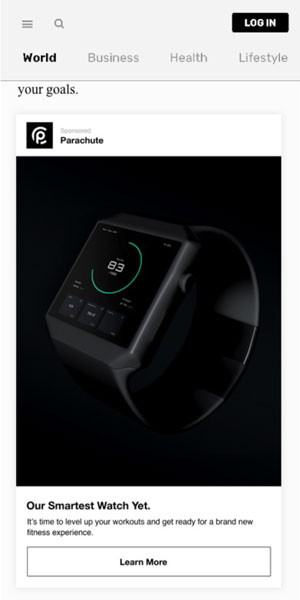 A smartwatch display ad in a mobile publisher page